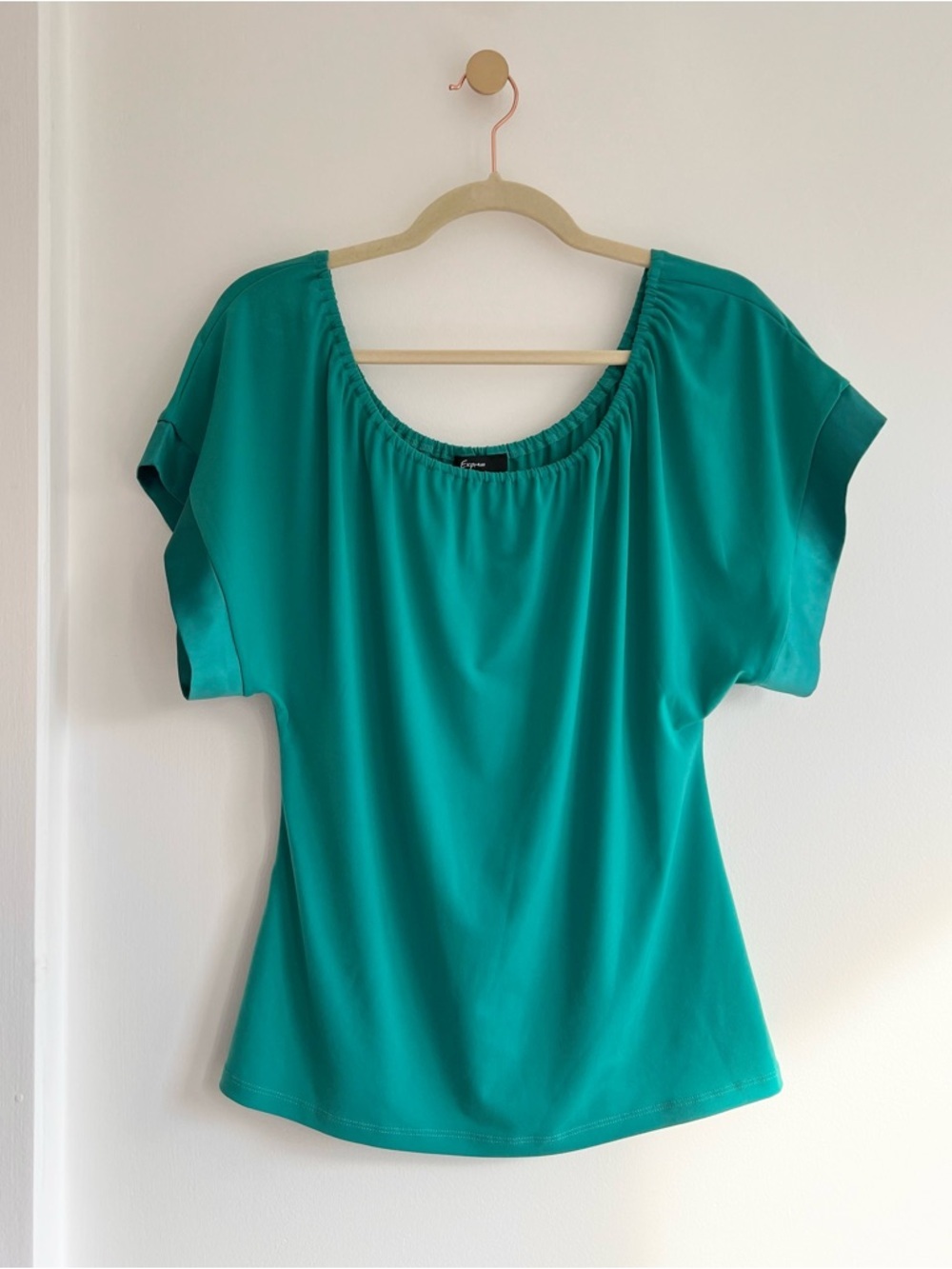 Express Teal Scoop Neck Short Sleeve Blouse with Satin Trim | Women’s XS